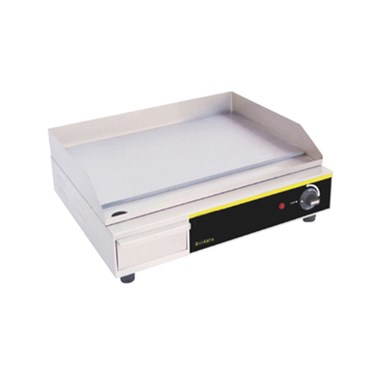 Stainless steel griddle with a smooth surface and black control panel, suitable for cooking.