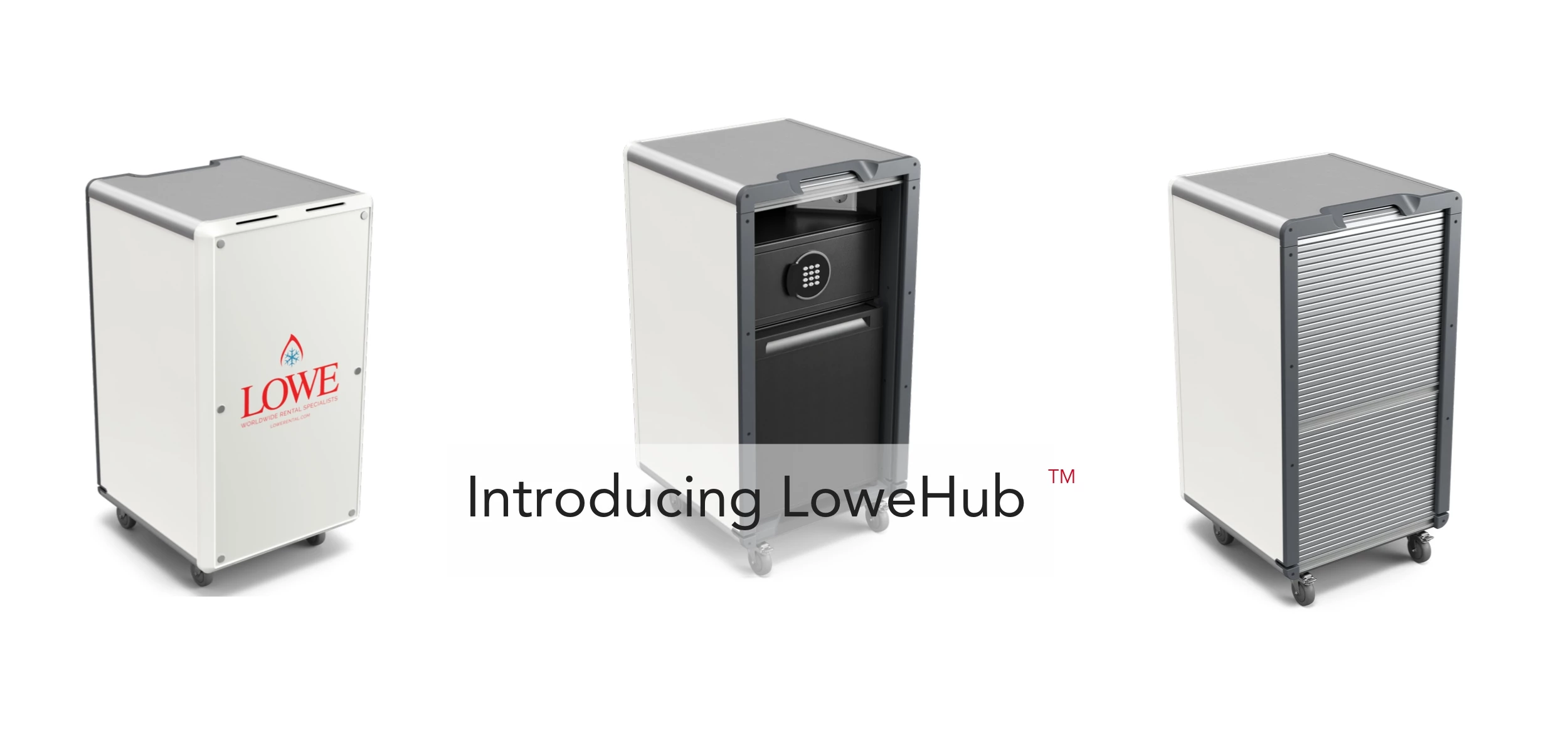 Sleek silver LoweHub unit with a black drawer, designed for exhibitions and events.