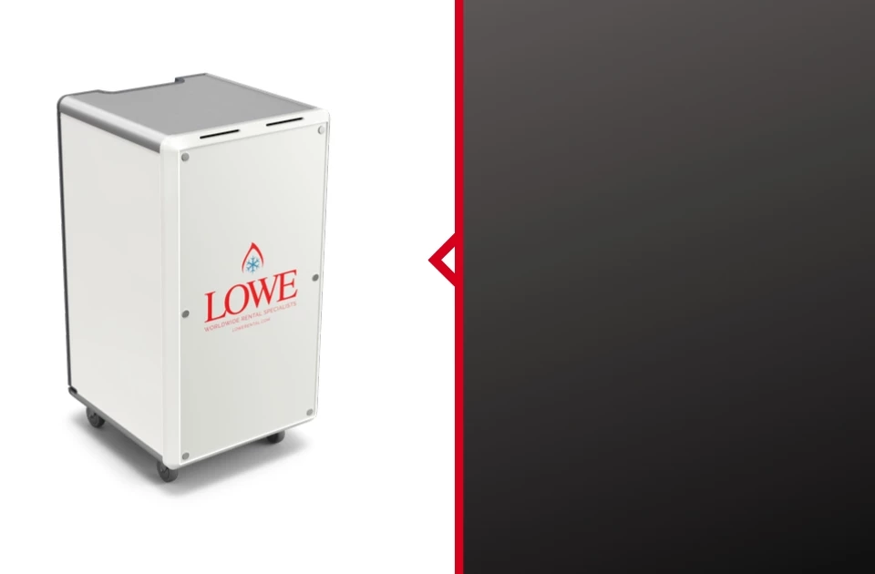 White exhibition case with red "LOWE" logo, set against a dark grey background.