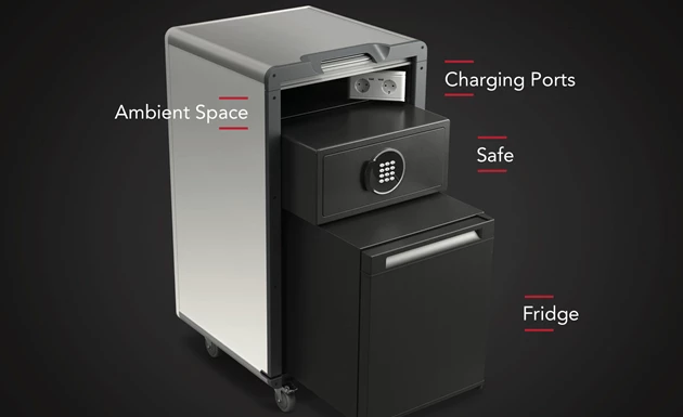 Exploded view of a LoweHub, featuring a silver exterior and black drawer, labelled with key functions.