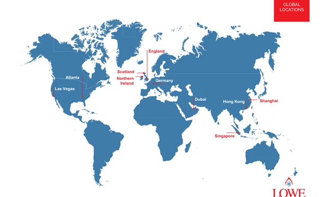 World map in blue, highlighting locations for equipment sale in red text.