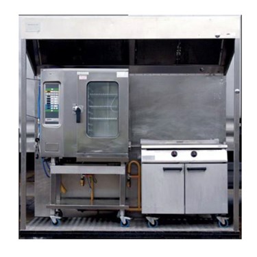 Stainless steel kitchen equipment featuring an oven and grill, set against a metallic backdrop.