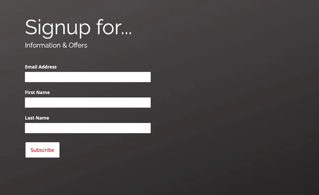 Signup form with white text on a dark grey background, featuring three empty input fields.