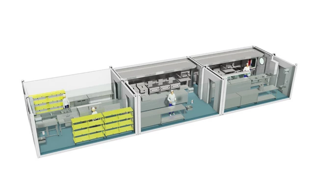 Three modular kitchen units in grey and yellow, showcasing a modern, efficient design for temporary use.