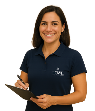 Smiling woman in a navy polo shirt holds a clipboard, with a plain background.