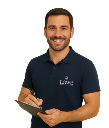 Smiling man in a navy polo shirt holds a clipboard, with a plain white background.