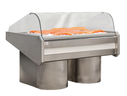 Chilled display unit showcasing fresh salmon fillets on ice, with a stainless steel finish.