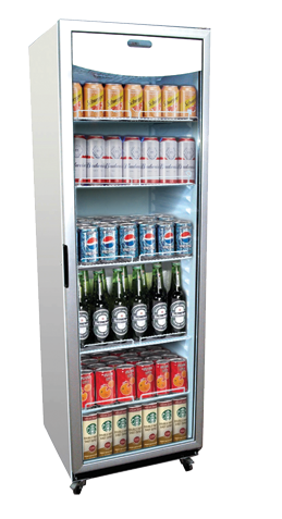 Refrigerator displaying various beverages, including blue and red cans, green bottles, and orange cartons.