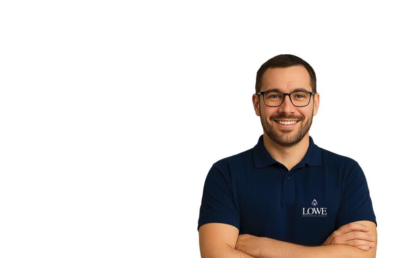Smiling man in a navy polo shirt with glasses, standing against a plain white background.