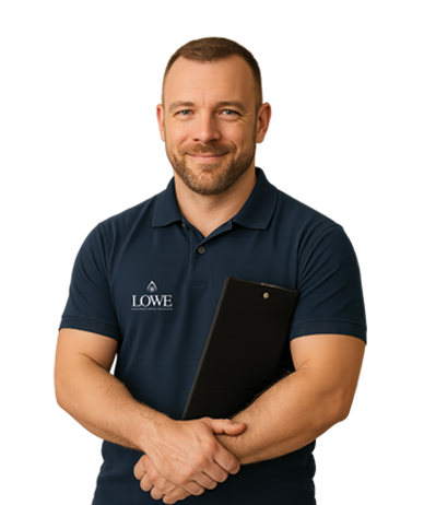 Man in a navy polo shirt holding a clipboard, smiling confidently against a plain background.