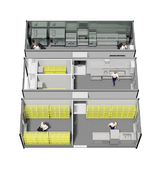 Healthcare facility layout featuring grey walls, yellow storage units, and staff engaged in various tasks.