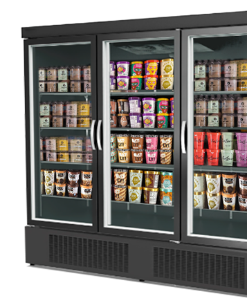 Three glass-fronted freezer units displaying various ice cream tubs in vibrant packaging.