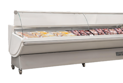 Chilled meat display case showcasing various cuts of meat in a clean, modern setting.