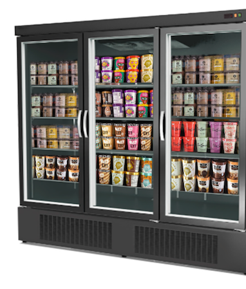 Three glass-fronted freezers filled with various ice cream tubs in vibrant packaging.