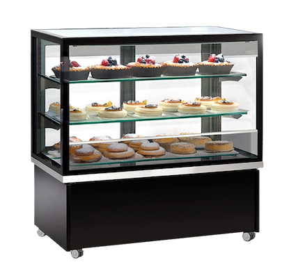 Display case featuring assorted pastries, including cream-filled doughnuts and fruit-topped cakes, with a sleek black finish.