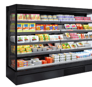 Refrigerated display case filled with colourful packaged foods and eggs, showcasing a store remodel.