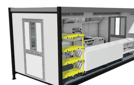 A detailed view of a white food service unit with yellow shelving inside.