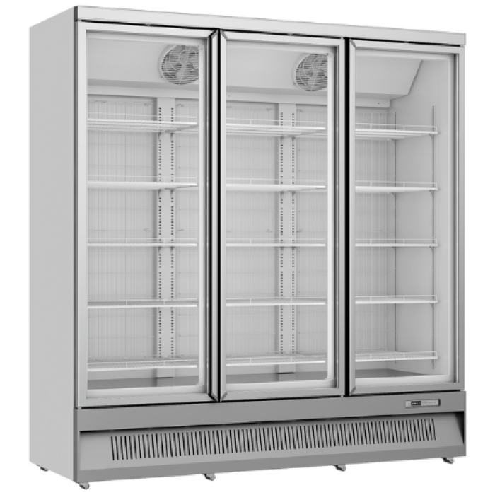 Three-door glass cabinet with a silver frame, featuring empty shelves for frozen food storage.
