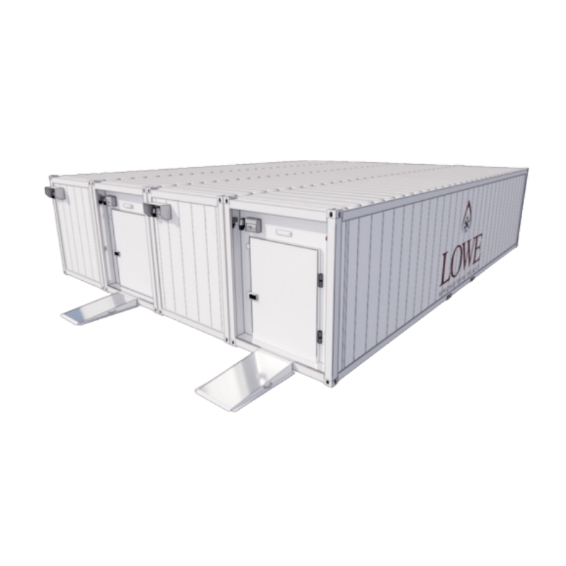 Four-bay cold store unit with a white exterior, featuring multiple access doors and a sturdy base.