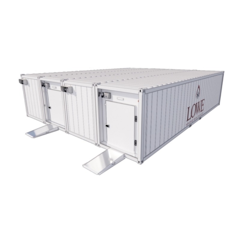 Four-bay cold store unit with white exterior and multiple access doors, set against a plain background.