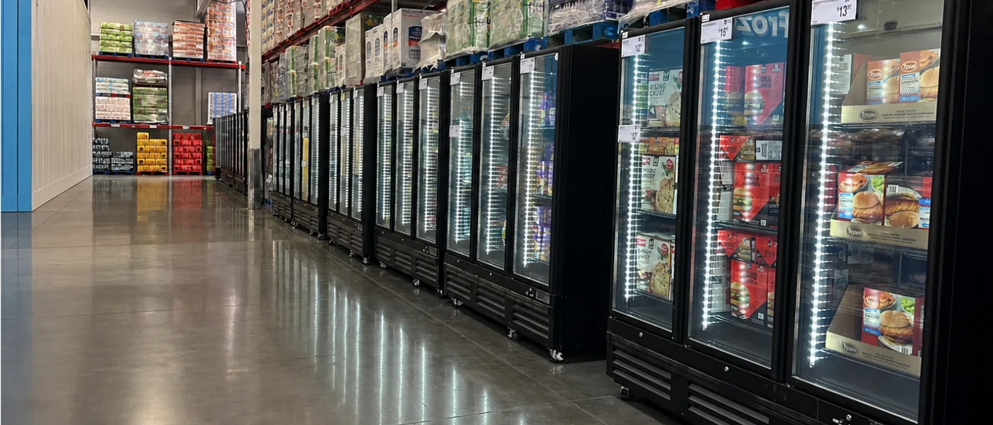 Rows of black glass-fronted freezers filled with various frozen food products in a store aisle.