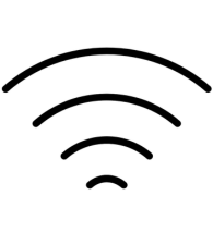 Black Wi-Fi symbol with curved lines representing signal waves on a white background.