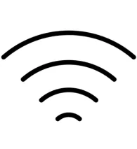 Black Wi-Fi symbol with curved lines representing signal waves on a white background.