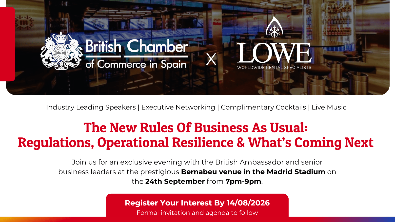 Event announcement featuring a blue and red design, detailing a business networking evening in Madrid.