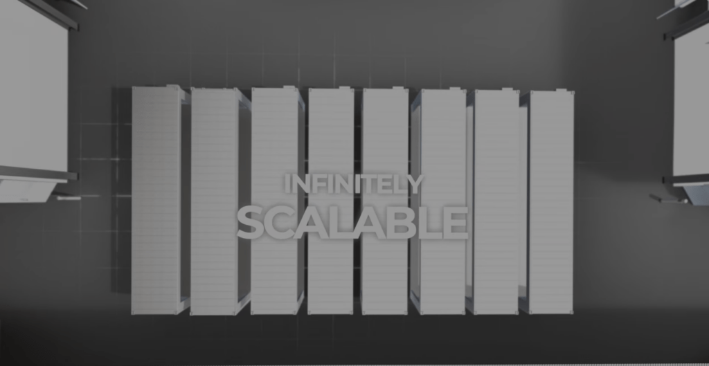 White storage units arranged in rows with the text