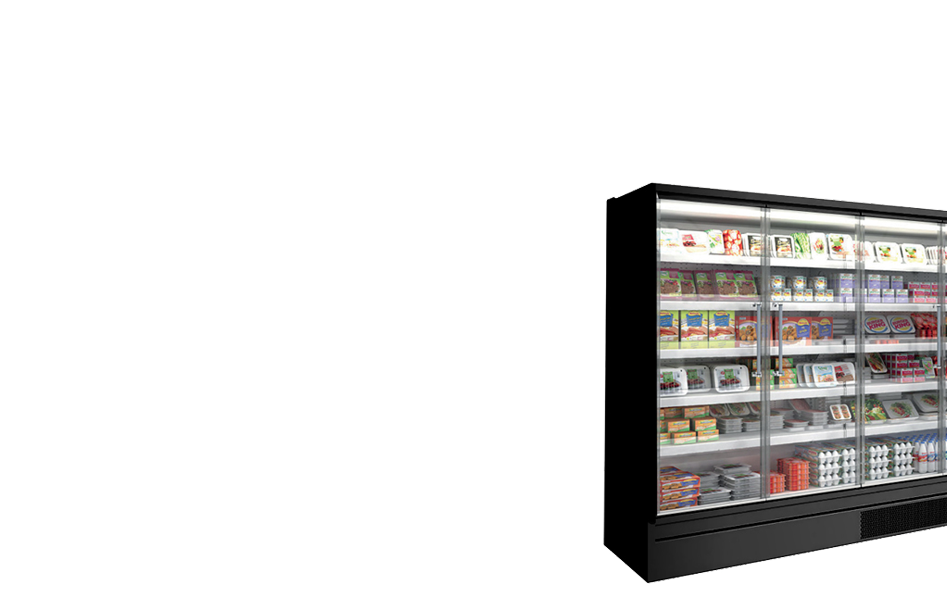 A black glass-fronted refrigerator displaying various packaged food items against a grey background.