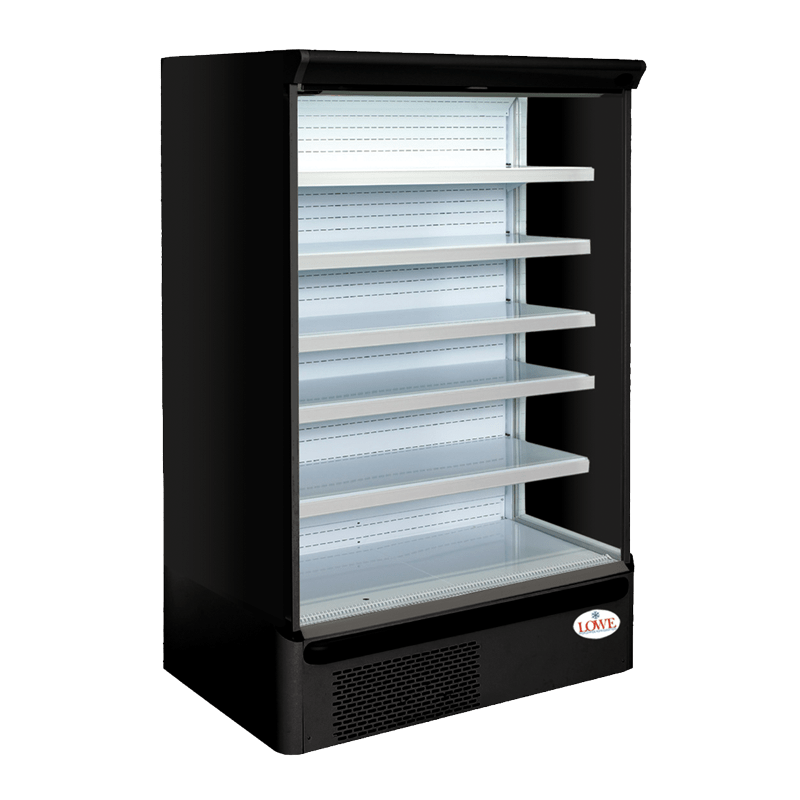 Black glass-fronted display fridge with multiple shelves and a white interior, empty of products.