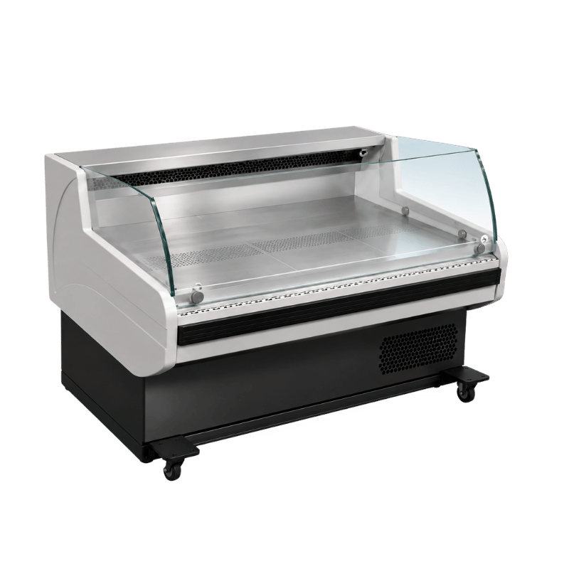 Self-service deli display unit with a stainless steel top and glass front, on wheels.