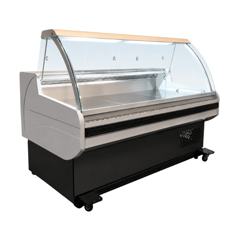 Self-service deli display unit with a glass top, featuring a sleek white and black design.