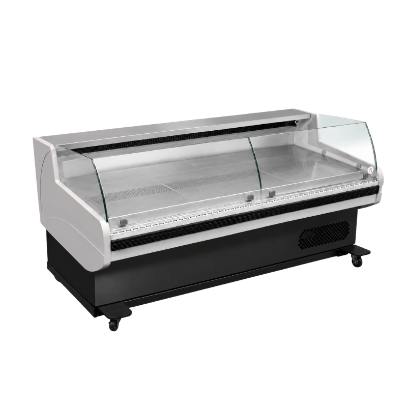 Self-service deli display unit with a sleek white and black design, featuring glass front panels.