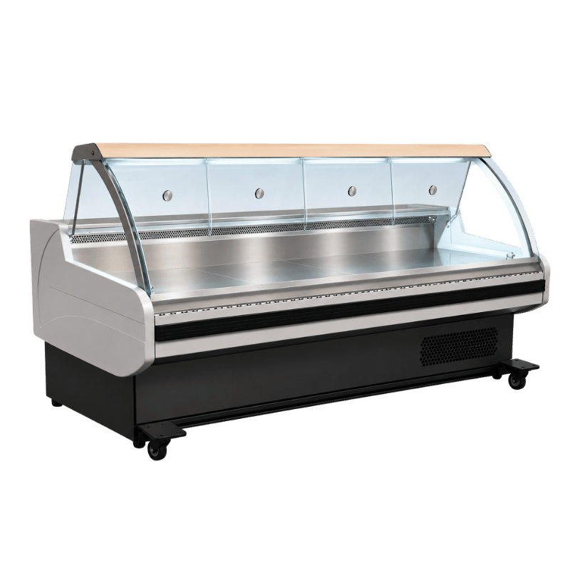 Self-service deli display unit with a stainless steel finish and glass front, on wheels.