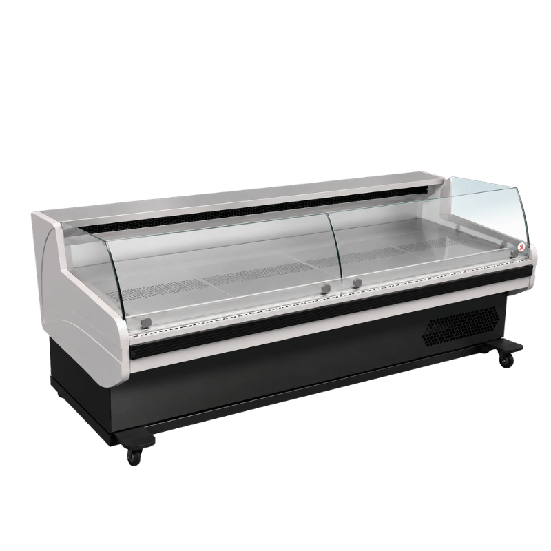 Self-service deli display unit in white and black, featuring a glass front and open shelving.