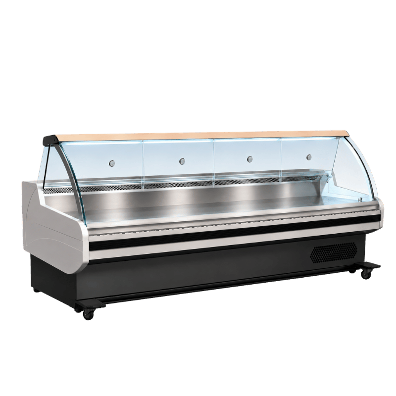 Self-service deli display unit with a stainless steel interior and glass front, featuring a wooden top.