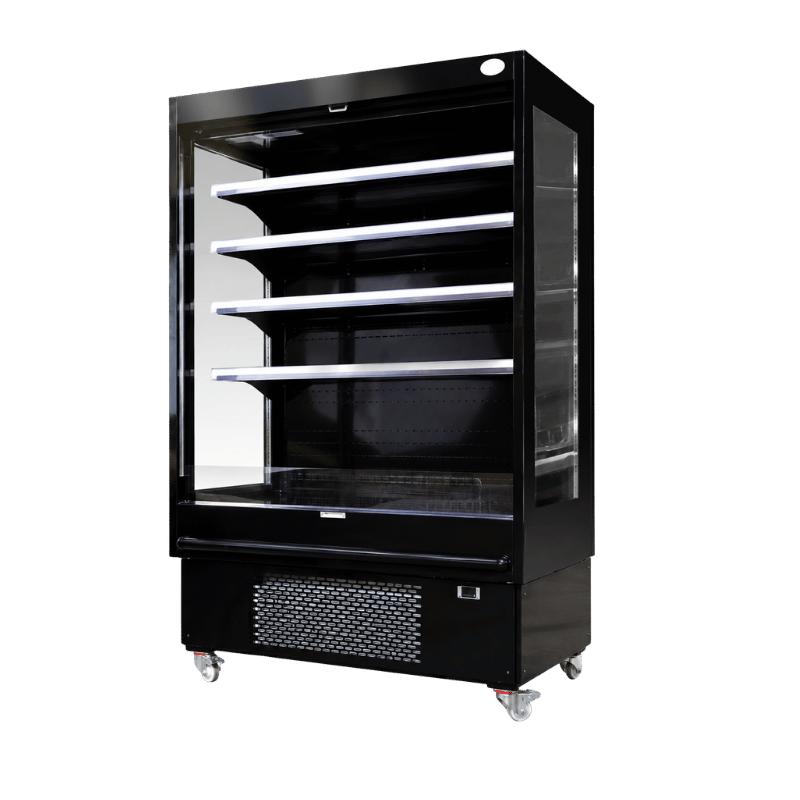 Black deli self-service display unit with glass doors and white shelves, on wheels.