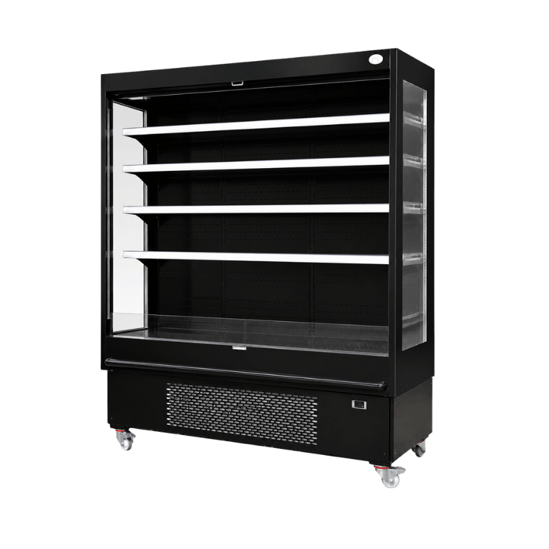 Black self-service deli display unit with multiple shelves and a transparent front.