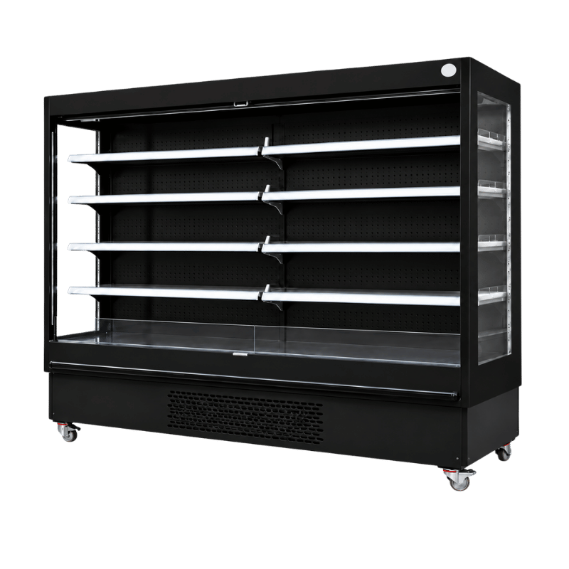 Black deli self-service display unit with glass front and multiple shelves, on wheels.