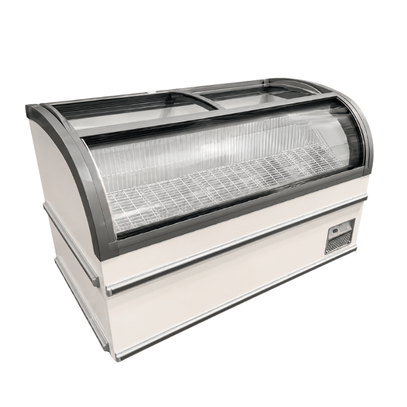 Self-service deli display unit with a curved glass top, featuring a white and grey exterior.