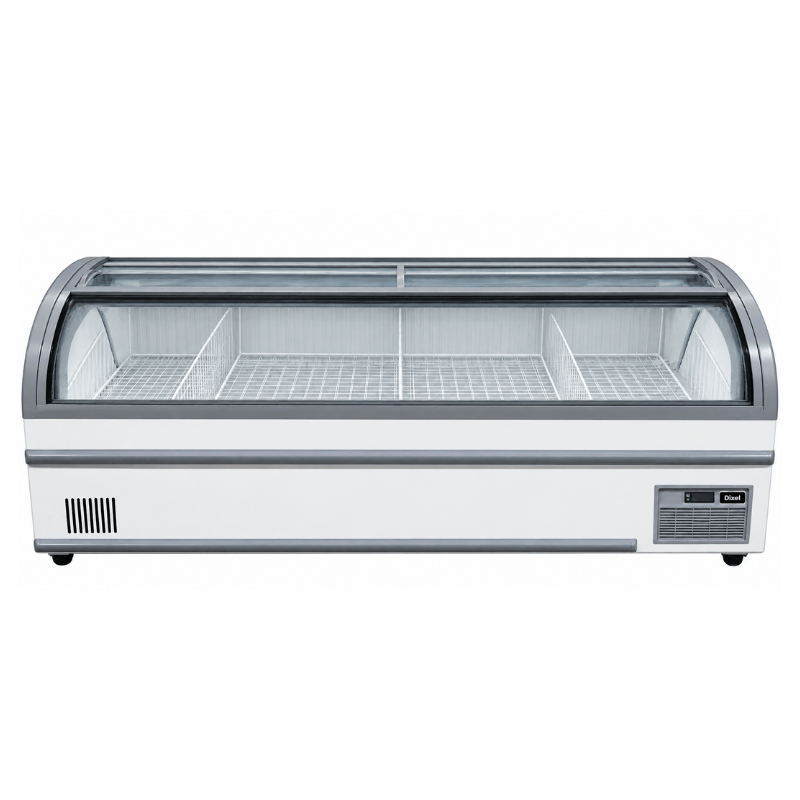 Self-service deli display unit in white, featuring a curved glass top and empty interior.