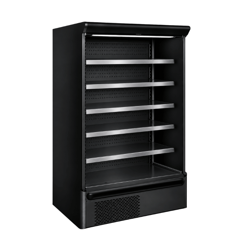 Black deli self-service display unit with multiple metal shelves, designed for food storage.