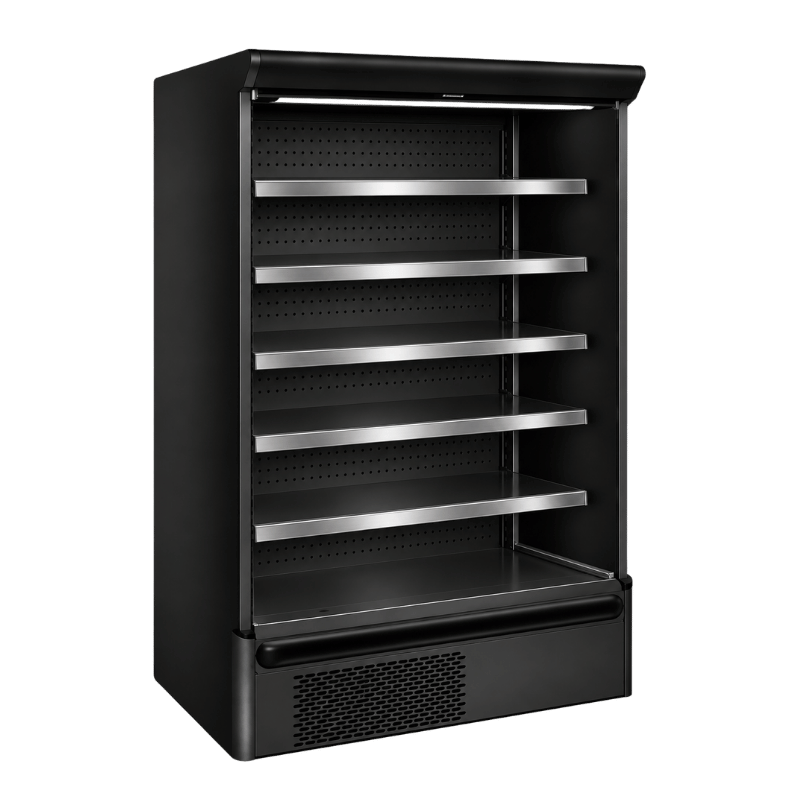 Black deli self-service display with multiple metal shelves, designed for showcasing food items.