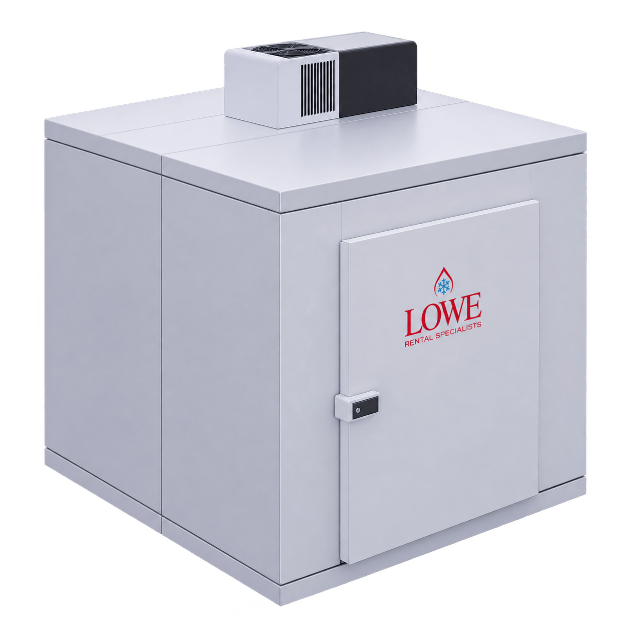 Industrial walk-in freezer with Lowe branding, featuring a white exterior and a top-mounted cooling unit.