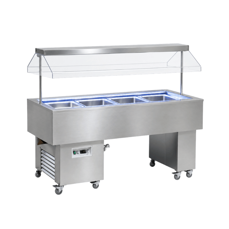 Stainless steel deli self-service display with three compartments and a transparent canopy.