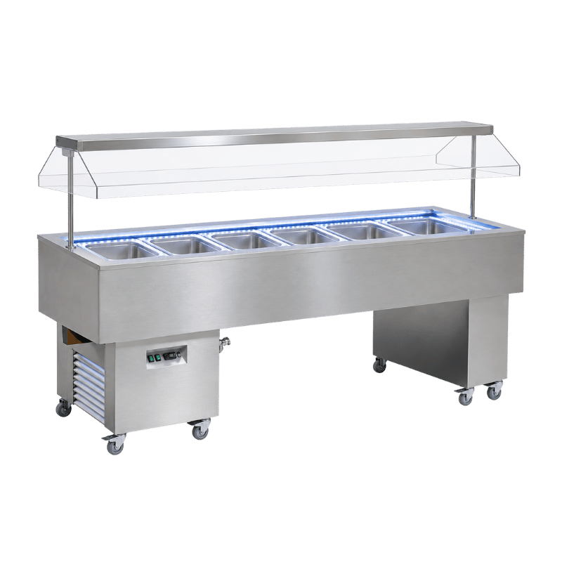 Stainless steel deli self-service display with four compartments and a transparent cover.
