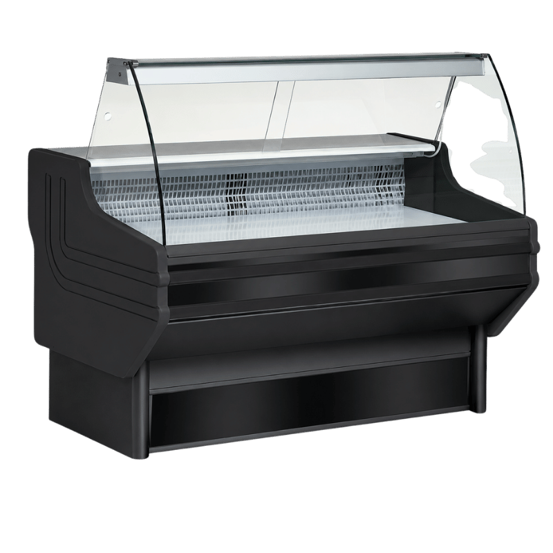 Black deli self-service display unit with a glass front and open shelving for products.