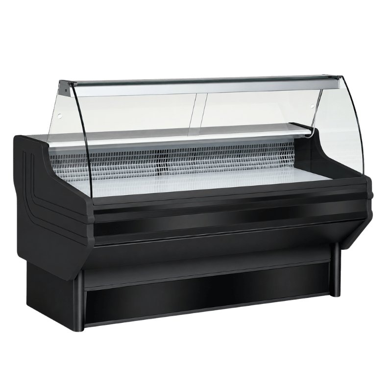 Black deli self-service display unit with a glass front and a spacious interior for food presentation.