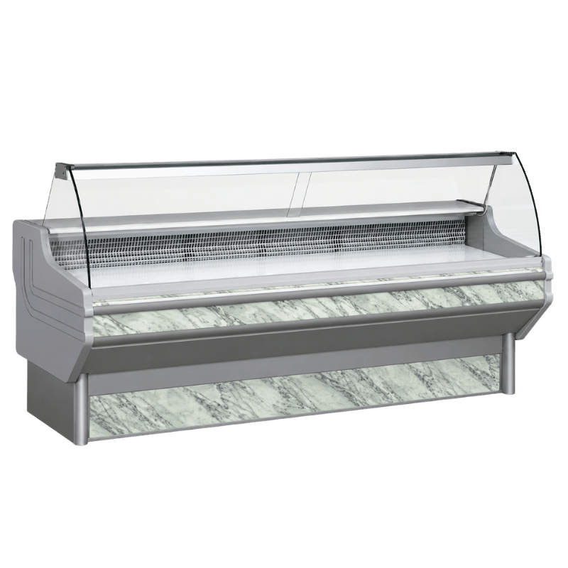 Self-service deli display unit with a sleek glass top and a marble-textured base.
